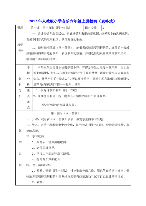 2017年人教版小学音乐六年级上册教案全套(表格式)