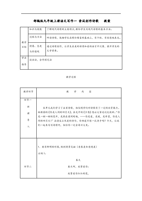 2019年部编版九年级语文上册《第一单元写作：尝试创作诗歌》教案