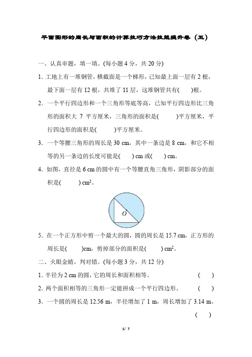 2022年人教版小学六年级数学平面图形的周长与面积的计算技巧方法技能提升卷(五)打印版含答案