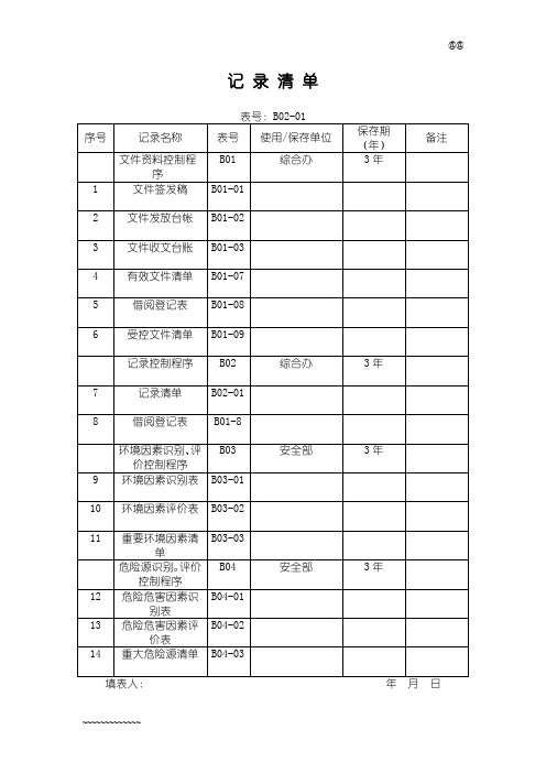 施工单位三标一体化记录清单表格