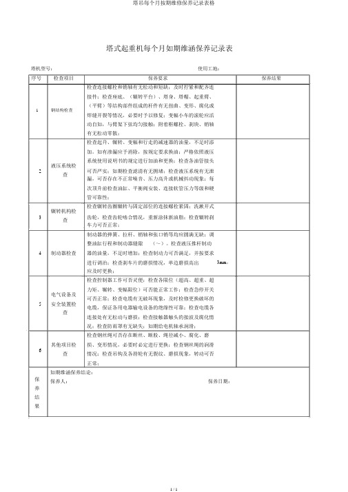 塔吊每月定期维修保养记录表格