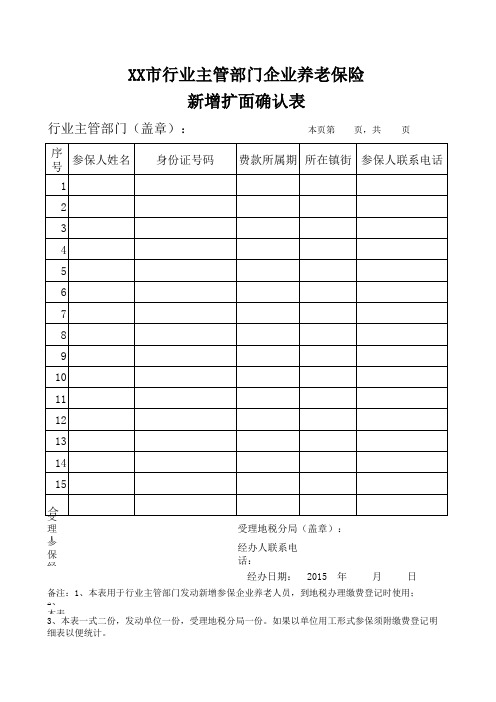 XX市行业主管部门企业养老保险新增扩面确认表