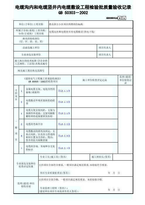 电缆沟内和电缆竖井内电缆敷设工程检验批质量验收记录