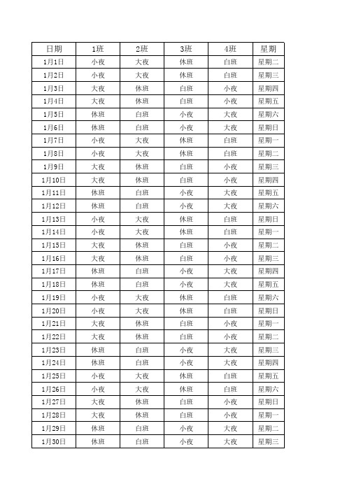 2013年四班三运转倒班表