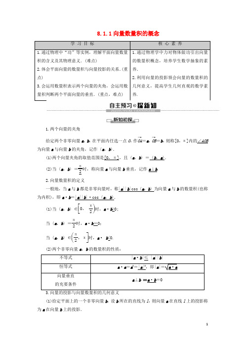 新人教B版高中数学第三册精品教学案：8.1向量的数量积8.1.1向量数量积的概念