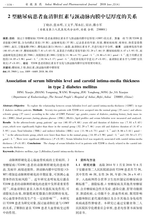 2型糖尿病患者血清胆红素与颈动脉内膜中层厚度的关系