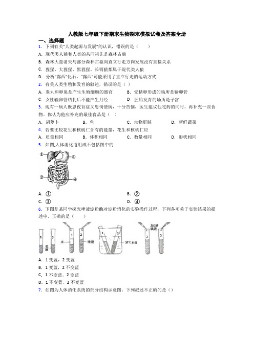 人教版七年级下册期末生物期末模拟试卷及答案全册