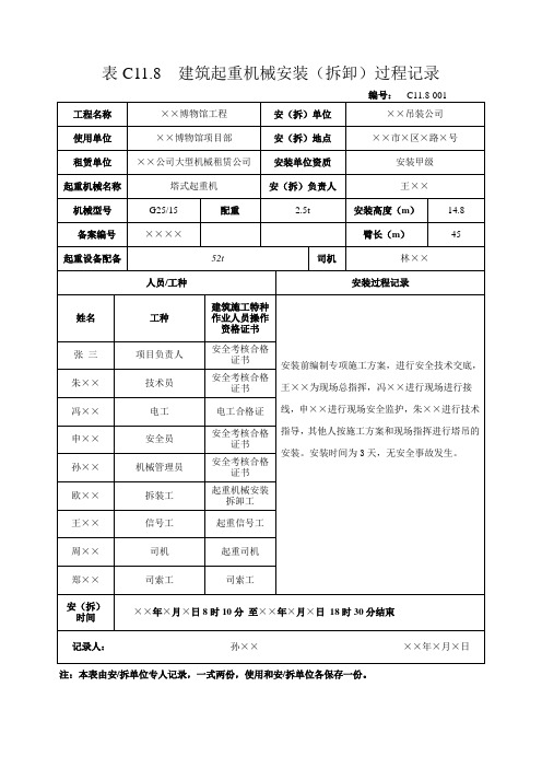 表C11.8  建筑起重机械安装(拆卸)过程记录