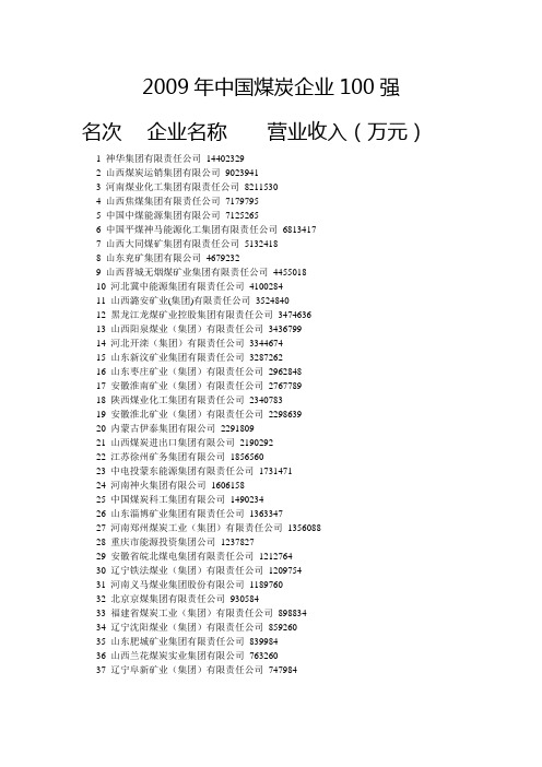 09年煤炭企业100强