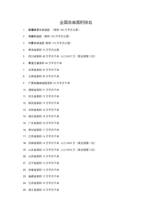 全国各省面积排名