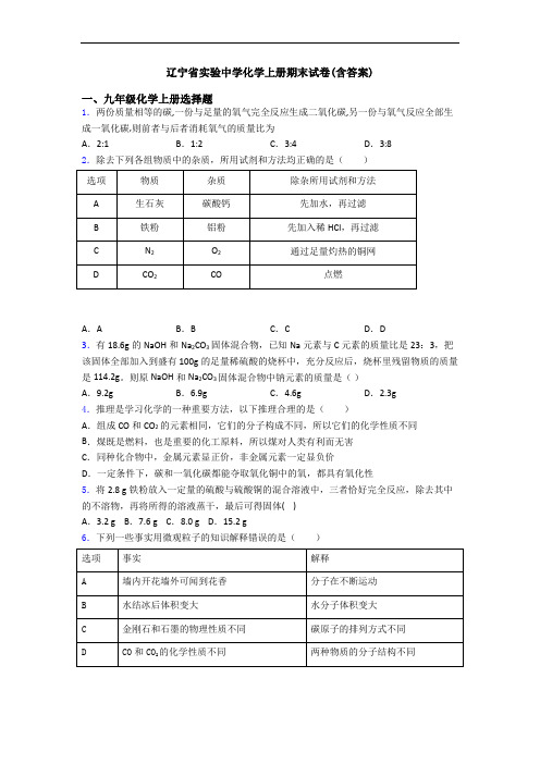 辽宁省实验中学化学初三化学上册期末试卷(含答案)