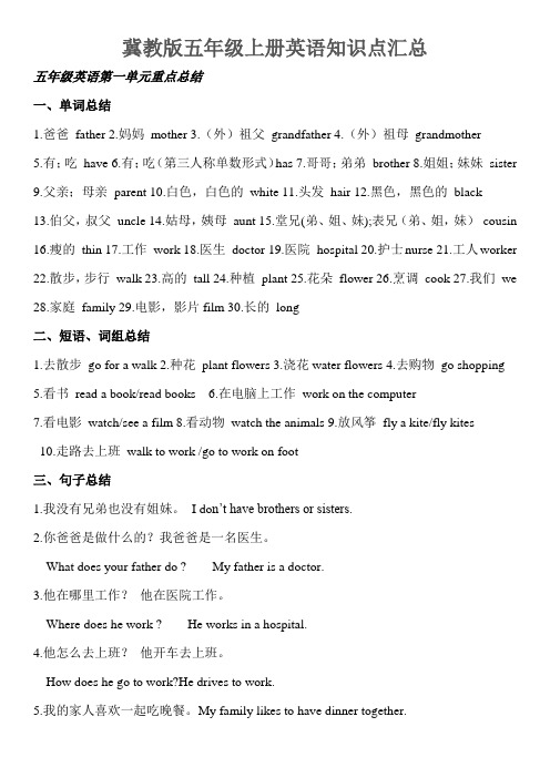 冀教版五年级上册英语知识点汇总