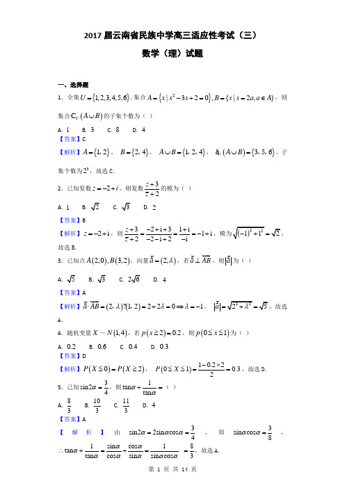 2017届云南省民族中学高三适应性考试(三)数学(理)试题(解析版)