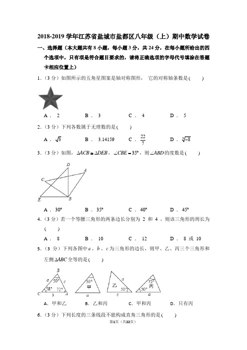 2018-2019学年江苏省盐城市盐都区八年级(上)期中数学试卷