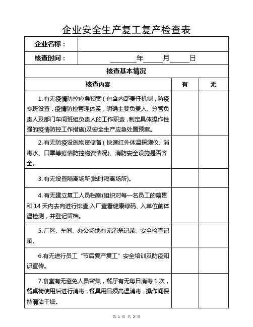 节后复工复产安全生产检查表