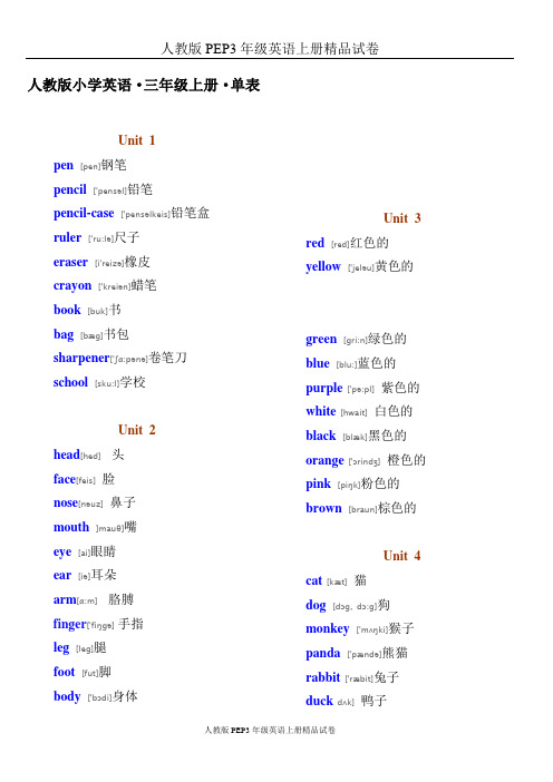 人教版PEP小学英语三年级·单词表(带有音标)