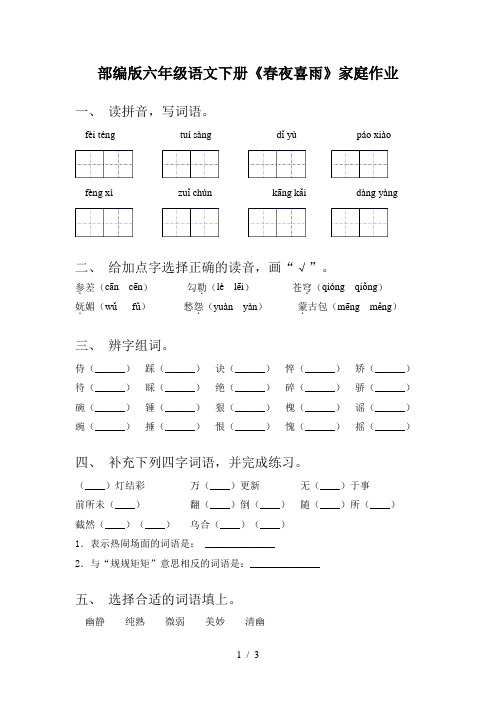 部编版六年级语文下册《春夜喜雨》家庭作业