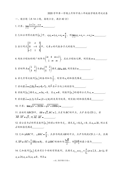 上海市 上海外国语大学附属外国语学校2020-2021学年上学期高二期末数学试卷