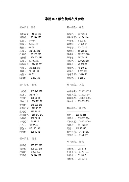 常用RGB颜色代码表及参数