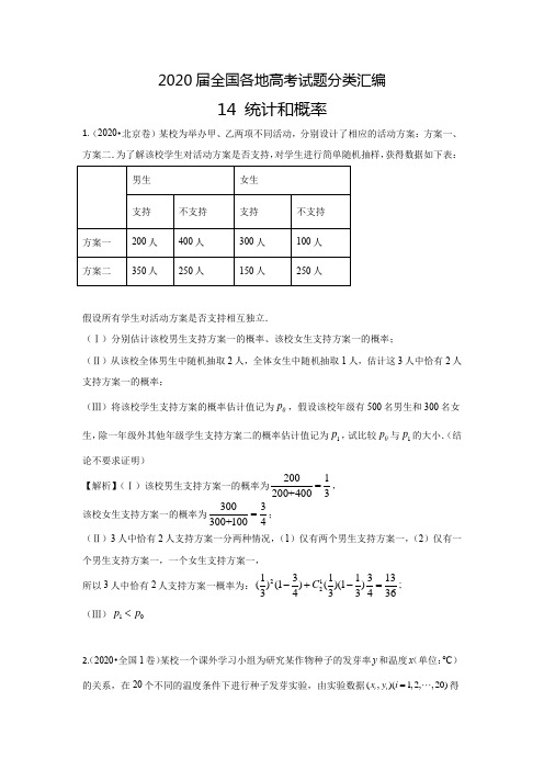 2020届全国各地高考试题分类汇编14 概率、统计