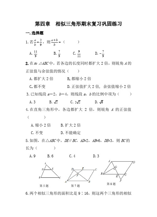 【浙教版】九年级数学上册 第四章 相似三角形期末复习练习题(含答案)