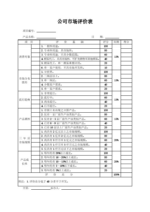 公司市场评价表模板