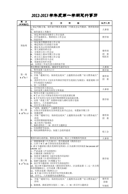 20122013学年度第一学期总行事历