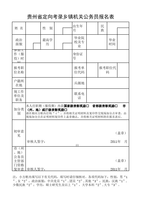 定向考录乡镇机关公务员报名表