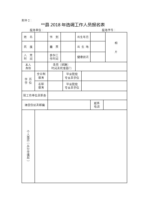 XX县2018年选调工作人员报名表【模板】