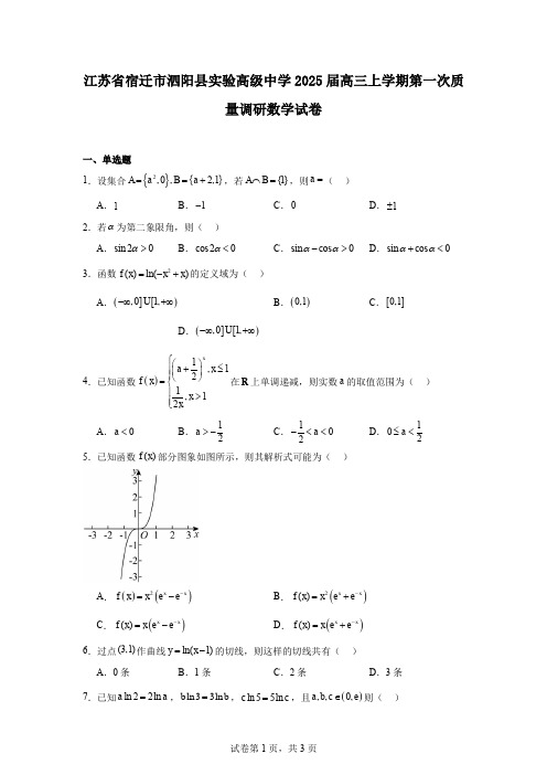 江苏省宿迁市泗阳县实验高级中学2025届高三上学期第一次质量调研数学试卷