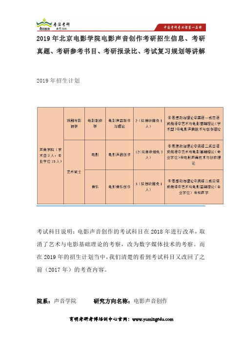 2019年北京电影学院电影声音创作考研招生信息、考研真题、考研参考书目、考研报录比、考试复习规划等讲解