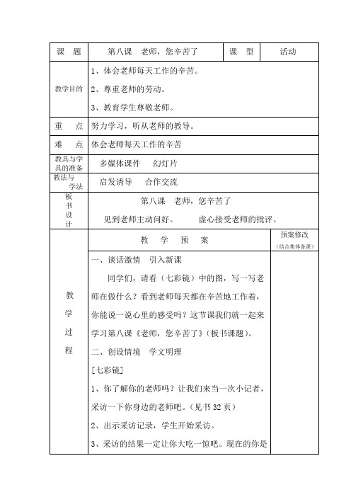 二年级上册心理健康表格式教案-第八课  老师,您辛苦了 长春版