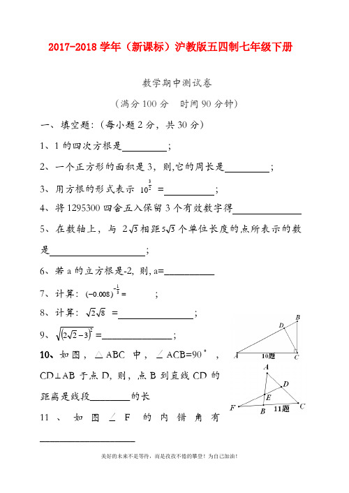 【新课标】最新沪教版(五四制)七年级数学下册期中考试模拟检测试题