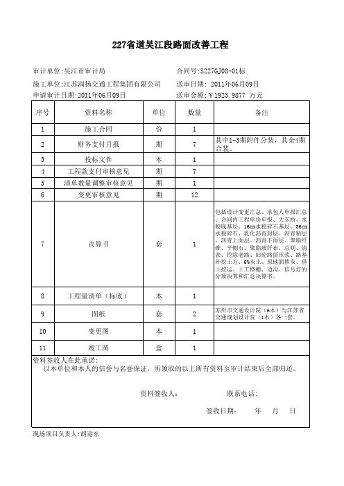 审计项目送审资料签收明细表