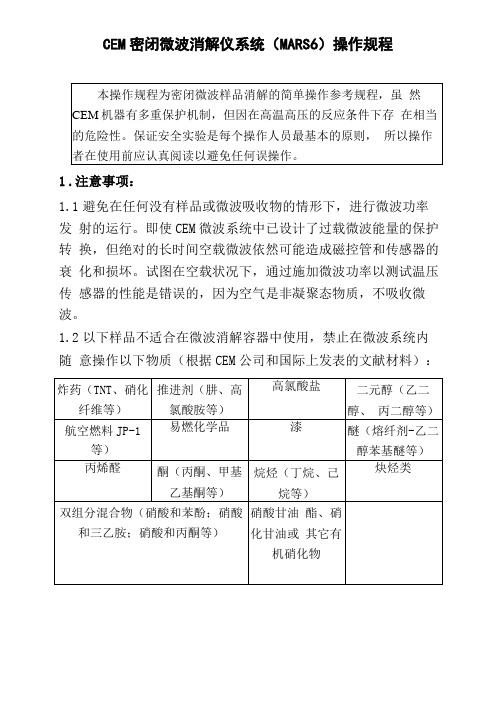 CEM密闭微波消解仪系统MARS6操作规程