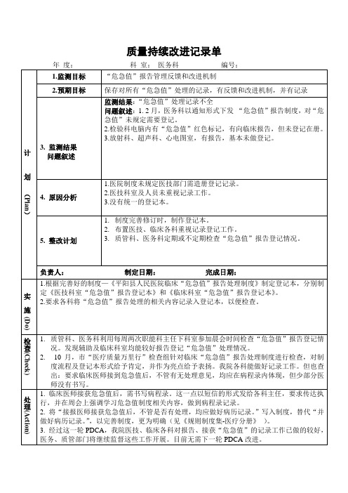 医院医务科危急值报告管理反馈和改进机制PDCA持续质量改进记录表PDCA模板