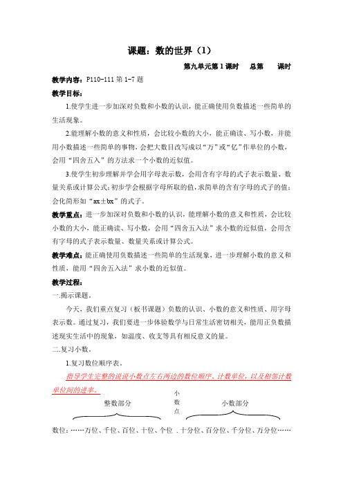 苏教版五年级数学上册第九单元期末复习《整理与练习：数的世界(1)》教案