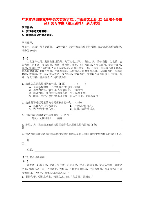 广东省深圳市龙华中英文实验学校九年级语文上册 22《唐雎不辱使命》复习学案(第三课时) 新人教版