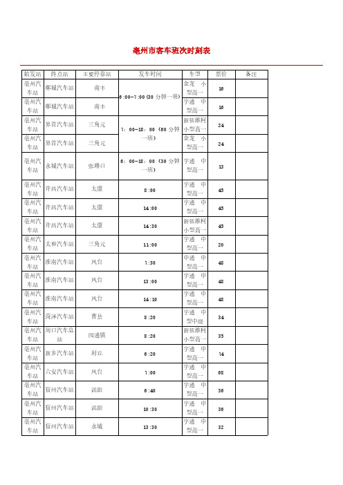 亳州汽车站时刻表