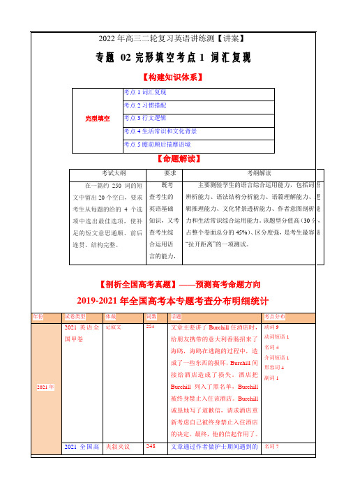 2021年高考英语二轮复习讲练测完形填空  考点1 词汇复现-讲案(学生版)