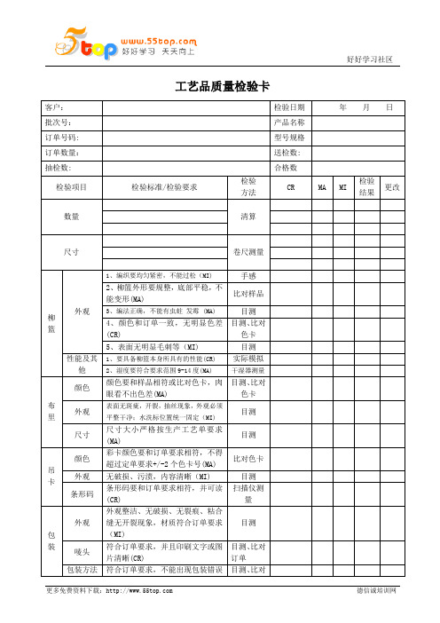 工艺品质量检验卡