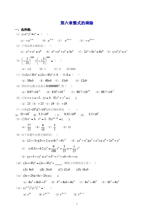 鲁教版数学六下第六章《整式的乘除》单元测试