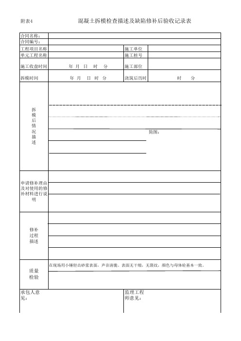 附表4混凝土拆模描述缺陷修补后验收记录表