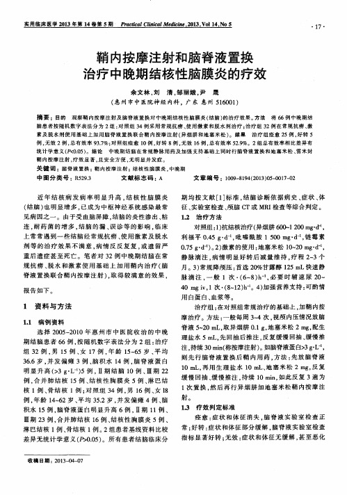 鞘内按摩注射和脑脊液置换治疗中晚期结核性脑膜炎的疗效