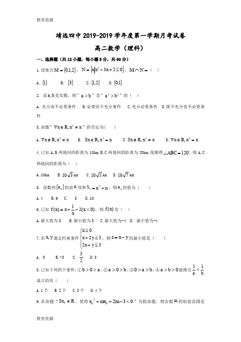 【教育资料】甘肃省靖远县第四中学高二上学期第二次月考数学(理)试题 Word版含答案_00002学习专用