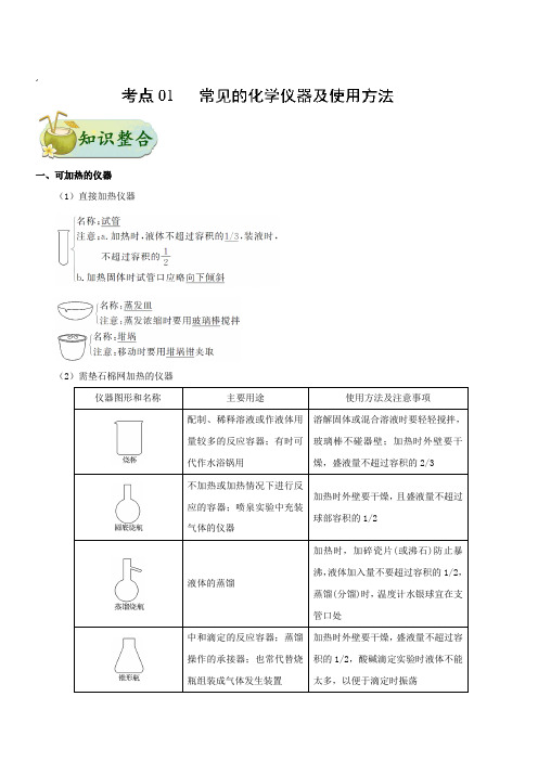 2019年高考化学考点一遍过考点01 常见的化学仪器及使用方法 含解析