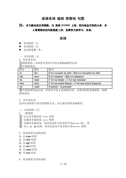 法语名词 冠词 形容词 句型