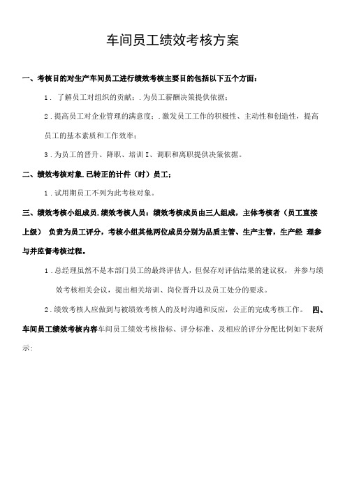 车间员工绩效考核方案附考核表