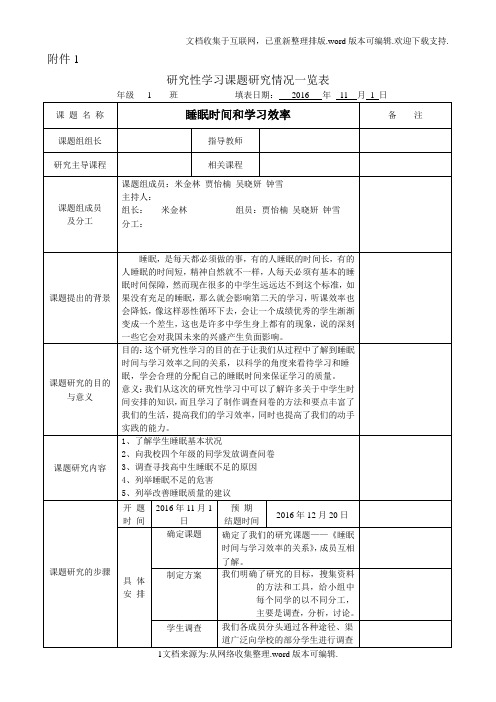 示例研究性学习课题研究情况一览表