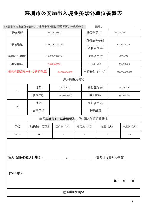 深圳市公安局出入境业务涉外单位备案表【模板】